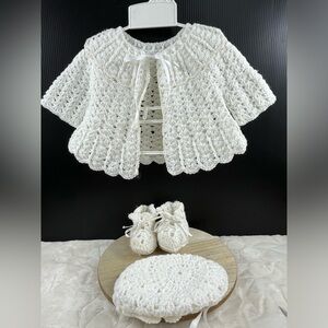 Vintage Handmade Knit White Infant Sweater Bonnet Booties Lacy Crochet Pattern